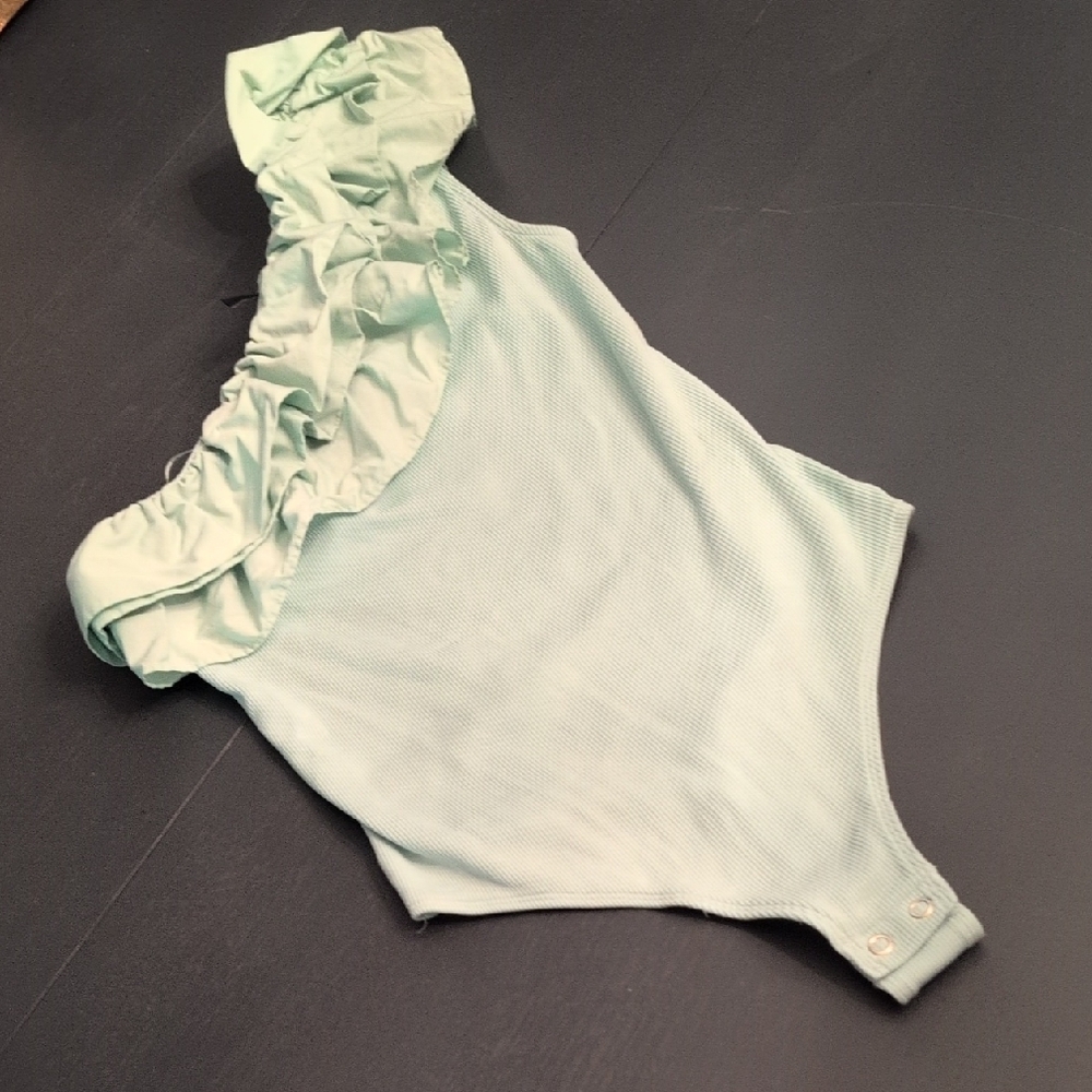 Express Green Ruffled One Shoulder Bodysuit